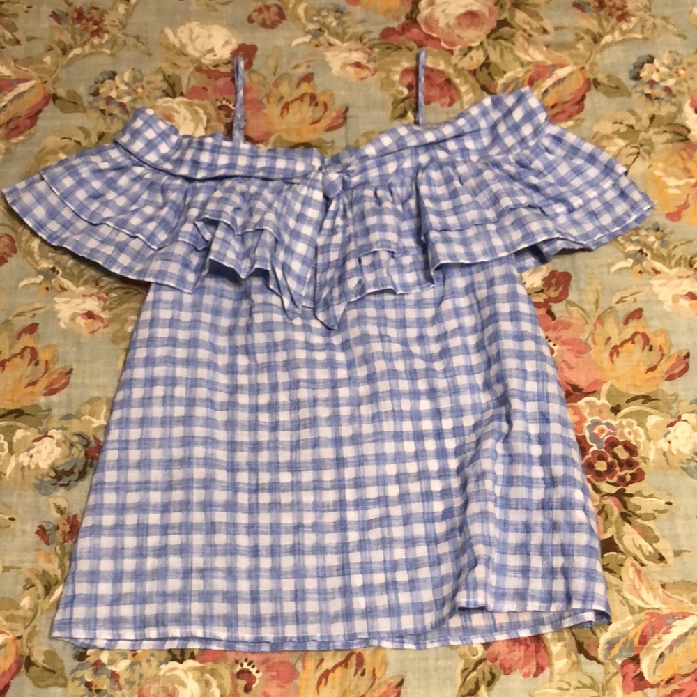 Like-New Kindle Blue Gingham Off-the-Shoulder Top
